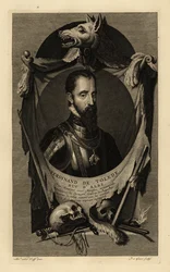Ferdinand Alvarez de Toledo y Pimentel, Alba 3. hercegének vagy a vashercegnek a portréja. Aranygyapjú rendű páncélruhában, lánccal. Farkasbőrrel, emberi koponyákkal, karddal, tőrrel és kovaköves pisztollyal. Ferdinand de Tolede, d’Albe herceg. Réz