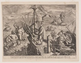Amerigo Vespucci a hajóján, az Americae Retectio (Amerika felfedezése) című könyvből.