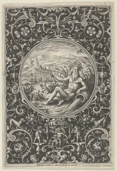 Neptunusz díszkeretben groteszkekkel, a párizsi ítéletből, 1580-1600.