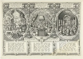 Offers onder de wet van de natuur, onder de wet van Mozes en onder de wet van het Evangelie Áldozat a természet törvénye szerint, áldozat Mózes törvénye szerint, áldozat az evangéliumi törvény szerint (cím a tárgyon)