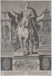 1. tábla: Julius Caesar lovas szobra, szemből nézve, egy..., kb. 1587-89.