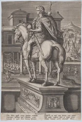 2. tábla: Augustus lovas szobra, földgömböt tartva hátulról nézve, ..., kb. 1587-89.
