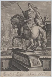 8. tábla: Otho lovas szobra, hátulról nézve, a háttérben halála..., kb. 1587-89.