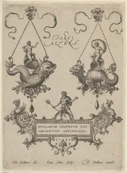 Címtábla két medálmintával felül és Neptunusz kartonon állva, 1582.