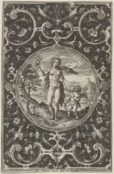 Vénusz és Ámor díszkeretben groteszkekkel, a párizsi ítéletből..., 1580-1600.