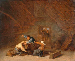 Interior of a barn with two peasants fighting