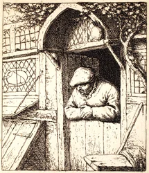 Az ajtóra támaszkodó ember, 1672 körül (rézkarc)