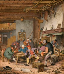 Szoba egy fogadóban, ahol parasztok isznak, dohányoznak és backgammonoznak – Adriaen Jansz van Ostade (1610-1685) munkája Ceruza, kréta és akvarell papíron