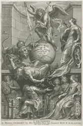 Allegorikus címlap a leütött Irigységgel Címlap ehhez: C. Hazart, Kerckelycke historie, 1669