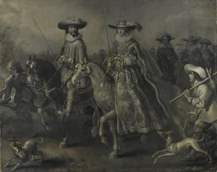 V. Friedrich (1596-1632), Pfalz választófejedelme, Csehország királya és felesége Stuart Erzsébet (1596-1662) lóháton