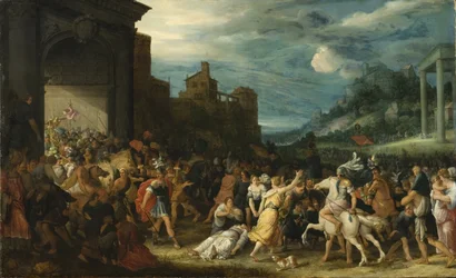 Les Horace entrent dans Rome - A Horatii belépő Rómába, Stalbemt, Adriaen, van (1580-1662). Olaj, fa. Mérete: 67x109 cm. Nemzeti Múzeum Stockholm