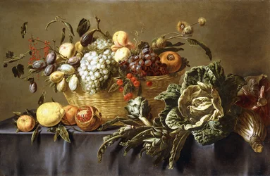 Gyümölcskosár terített asztalon, 1635 körül