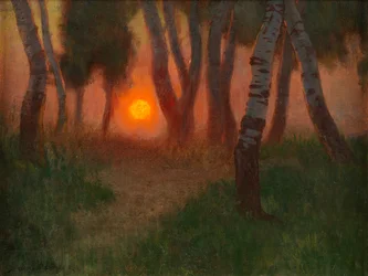 Naplemente erdős tájon (olaj, panel)