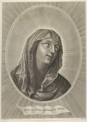 A Szűzanya feje jobbra felnézve, ovális keretben, Reni után kb. 1..., kb. 1650-67.