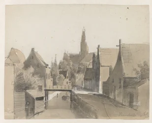 Kilátás egy csatornára Haarlemben, a háttérben St. Bavo Haarlem (cím az objektumon)