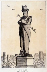 Charlot szoborban, a lábazaton írással: „Egy Charlot, a hálás emberiség”” („Charlot ne s