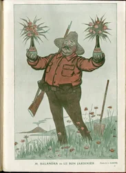 Illusztráció: A Barrere (1874-1931) in "" Fantasio"", 01/06/15 - Mr. Salandra avagy a jó kertész - 14-18-as háború, Olaszország, bor, semlegesség, virágok, vulkánkitörések, elnöke a Tanács, Trieszt – Salandra Antonio