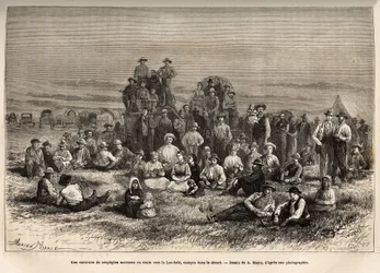 Mormon újoncok karavánja a Sale-tó felé, sivatagi táborában, A.Marie rajza nyomán metszett, amely az 1868-as Washingtonból San Franciscóba tartó utazást illusztrálja L. Simonintól, megjelent a „” Le tour du monde”-ban. ”” 1874, Edouard szerkesztette