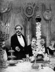 A párizsi skandináv kolónia bankettje a felfedező Nils Adolf Erik (Eric) báró Nordenskjold (Nordenskiold) (1832-1901) tiszteletére a Hotel Continentalban. Jelen vannak: Kapnitz gróf, Nordenskjold professzor, Oscar svéd herceg (1859-1953)