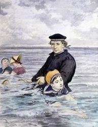 Úszásoktatás – Adrien Marie (1848-1891) rajza, 19. század vége