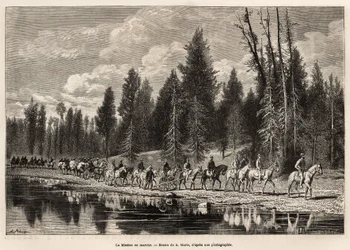 A teljes földrajzi expedíció útban a Mount Hayden felé, a Henri folyó mentén, A. Marie rajza nyomán készült metszet, amely Hayden, Doane és Langford urak 1870 és 1872 között, az Egyesült Államok Nemzeti Parkján át végzett földrajzi expedícióinak sorozatát