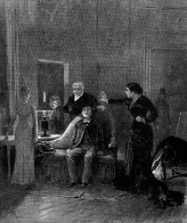 Színházi ábrázolás: Alphonse Daudet (1840-1897) és H. Lafontaine „Jack” 5. felvonása Miss Sisos (Cecile), M. Porel (Dr. Rivals), M. Chelles (Jack), Miss Montaland (Ida de Barancy) közreműködésével ). Párizs, Theatre de l