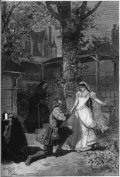 Színházi ábrázolás: Victor Hugo (1808-1883) „A király szórakozik”. II. felvonás 5. jelenet: Triboulet, Francois király háza 1. (Mounet Sully (vagy Mounet Sully) 1841-1916) Blanche lábánál (Julia Bartet)