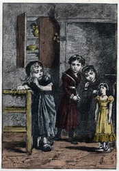 Thenardier két lánya, Eponine és Azelma Cosette-et nézi, aki megkapta Catherine babát - Adrien Marie (1848-1891) illusztrációja Victor Hugo (1802-1885) „A nyomorultak - Második rész: Cosette” című művéhez, 1862