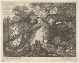 Egy botot tartó férfi egy fatörzsön ül, két kecskével mindkét oldalon, surro..., kb. 1600.