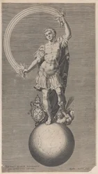 Földgömbön álló harcos allegorikus alakja pápai címerrel a..., kb. 1588-1629.