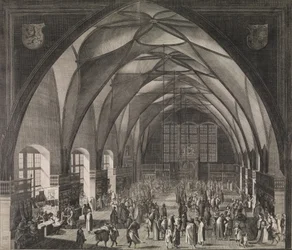 A prágai vár Vladislav csarnokának belső képe az éves vásár idején, 1607., 1607.
