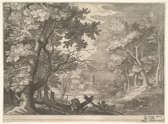 Erdei jelenet mocsaras partokkal, két férfi és egy kutya profilban balra, két hosszú nyakú..., kb. 1600.