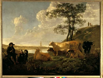 Táj Rhenen közelében: legelésző tehenek és fuvolázó pásztor. Albert (Aelbert vagy Aelbrecht) Cuyp (1620-1691) festménye