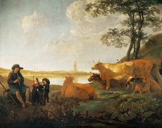 Tájkép pásztorokkal és nyájjal, Rhenen közelében, Hollandia ...