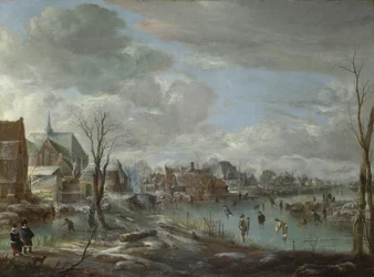 Befagyott folyó egy falu közelében, golfozókkal és korcsolyázókkal, c. 1647-1648