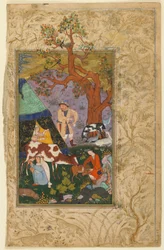 Folio from a Divan (összegyűjtött versek) Awhaditól; verso: An Campment, Herat, Afganisztán, 1615-16 (átlátszatlan akvarell, tus és arany papíron)