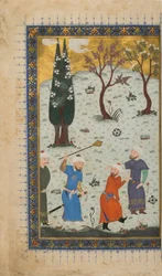 Fólió azonosítatlan szövegből; recto: Egy herceg trónoló kísérőkkel körülvéve, Herat, Afganisztán, 1425-1430 körül (átlátszatlan akvarell, tus és arany papíron)