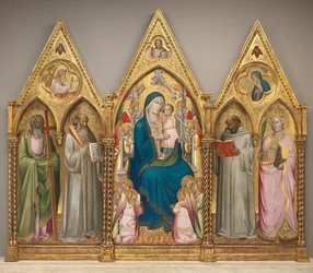 Madonna és gyermeke Szent Andrással, Benedek, Bernát és Alexandriai Szent Katalinnal és angyalokkal [teljes triptichon], röviddel 1387 előtt (tempera, nyárfa tábla).