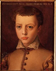 I. Medicis Ferdinánd portréja (Ferdinando I de Medici) (1549-1609) fiatal fiú Allori Angelo di Cosimo dit Bronzino festménye (1503-1572) 16. század V 15x12 cm Palota Medici-Riccardi (Medici Riccardi) Firenze