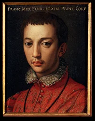 I. Medici Francois portréja (Francesco I de Medici) (1541-1587) Allori Angelo di Cosimo dit Bronzino (1503-1572) fiatal fiú festménye (1503-1572) 16. század V 15x12 cm Medici-Riccardi palota (Medici Riccardi) Firenze