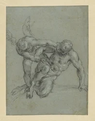 Ámor legyőzi Pánt (recto); egy szerzetes feje; egy férfi karikatúrája profilban (verso)