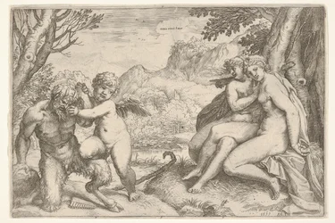A szerelem mindent legyőz Omnia vincit Amor, a szatírral vívott harcban Amor elhelyezi jobb kn..., 1599.