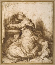 Madonna és gyermeke Szent Jánossal, aludtak (toll és barna tinta és barna mosás)