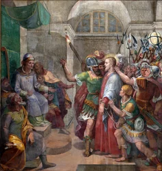 Passió: "Krisztus Poncius Pilátus előtt (Pontius Pilatius)" Agostino Ciampelli (1577-1642) freskója 1594-1600 Róma, Santa Prassede-bazilika