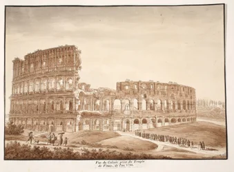Kilátás a Colosseumra a Vénusz templomból, 1833 (barna mosású rézkarc)