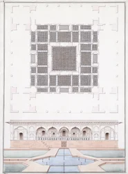 A déli front és a Suraj Bhawan kerti palotája Dignél, 1830 körül (ceruza, toll és szürke tinta és akvarell)