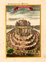 Szemiramis legendás királynő erődje és függőkertje Babilonban - Semiramis erődje - Alain Manesson Mallet (1630-1706) rézmetszete és akvarellje
