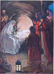 A gyermek Jézus és a pásztorok, a Thomas Nelson által kiadott The Bible Picture Book-ból, 1950 körül (színes litográfia).