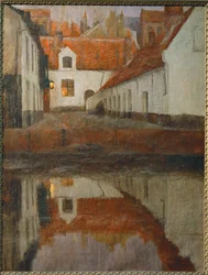 Kisváros a folyóparton, Flandria (festmény, vászon)