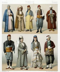 19. századi török viseletek. Illusztráció Racinet „Le costume historique” című könyvében